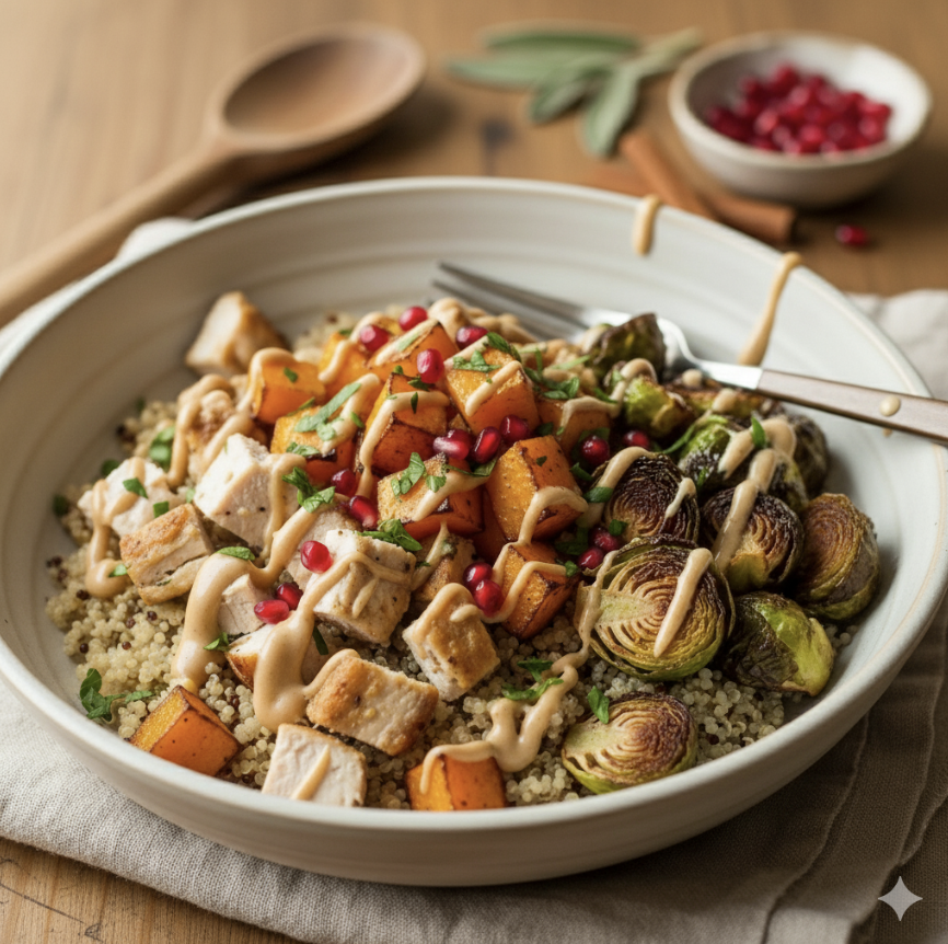 Healthy Fall Recipe: Roasted Harvest Bowl with Maple-Tahini Dressing